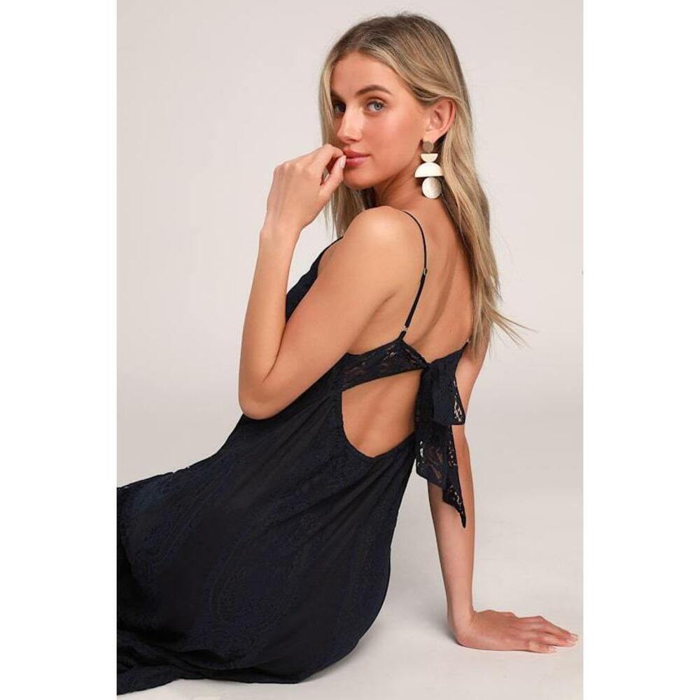 Lulus Zahria Navy Blue Lace Button Front Midi Dress - Size S